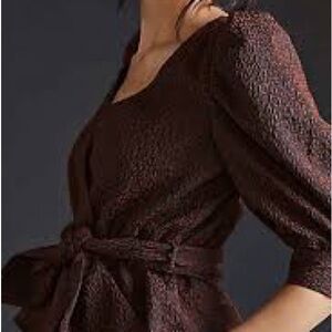 Anthropologie Hutch Textured Brown Tie-Waist Puff Sleeve Top S